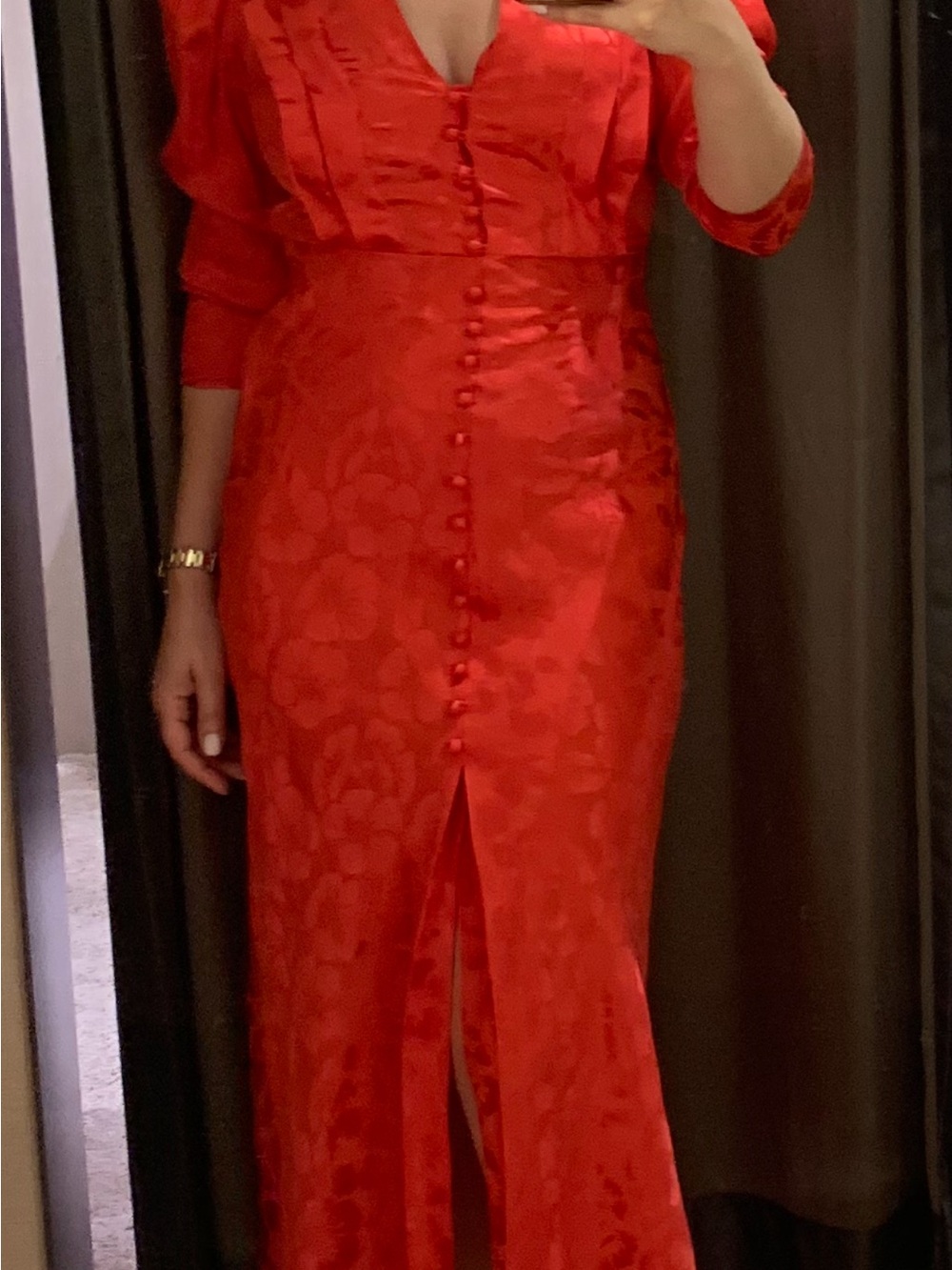 Sandro Red Floral Jacquard Midi Dress with Covered Buttons